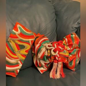 Vintage kimono trippy obi belt bow with bells floral embellishment gold silk red